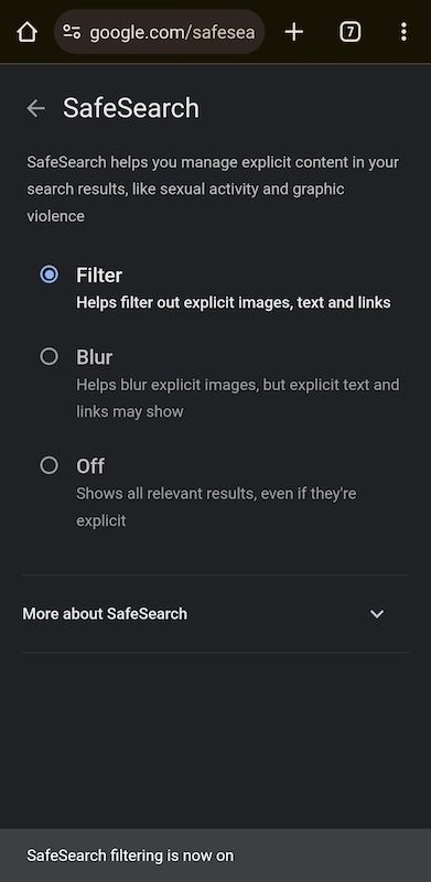 Opções do SafeSearch no navegador móvel Chrome