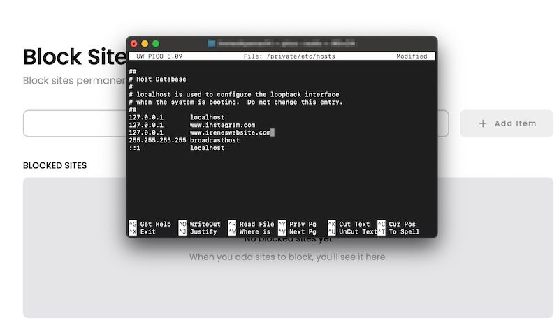 Bloqueando sites com arquivo de hosts do MacBook no Terminal