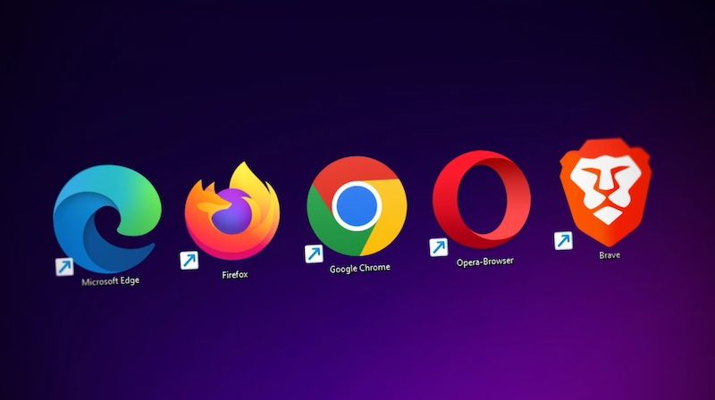 Uma coleção de logotipos de navegadores da web, incluindo Microsoft Edge, Firefox, Google Chrome, Opera-Browser e Brave