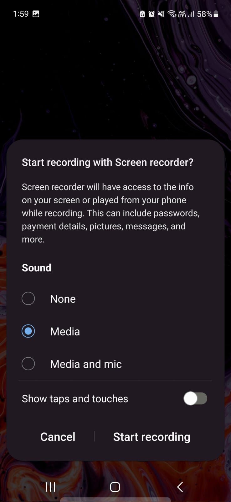 Captura de tela mostrando opções de gravação de tela no Samsung