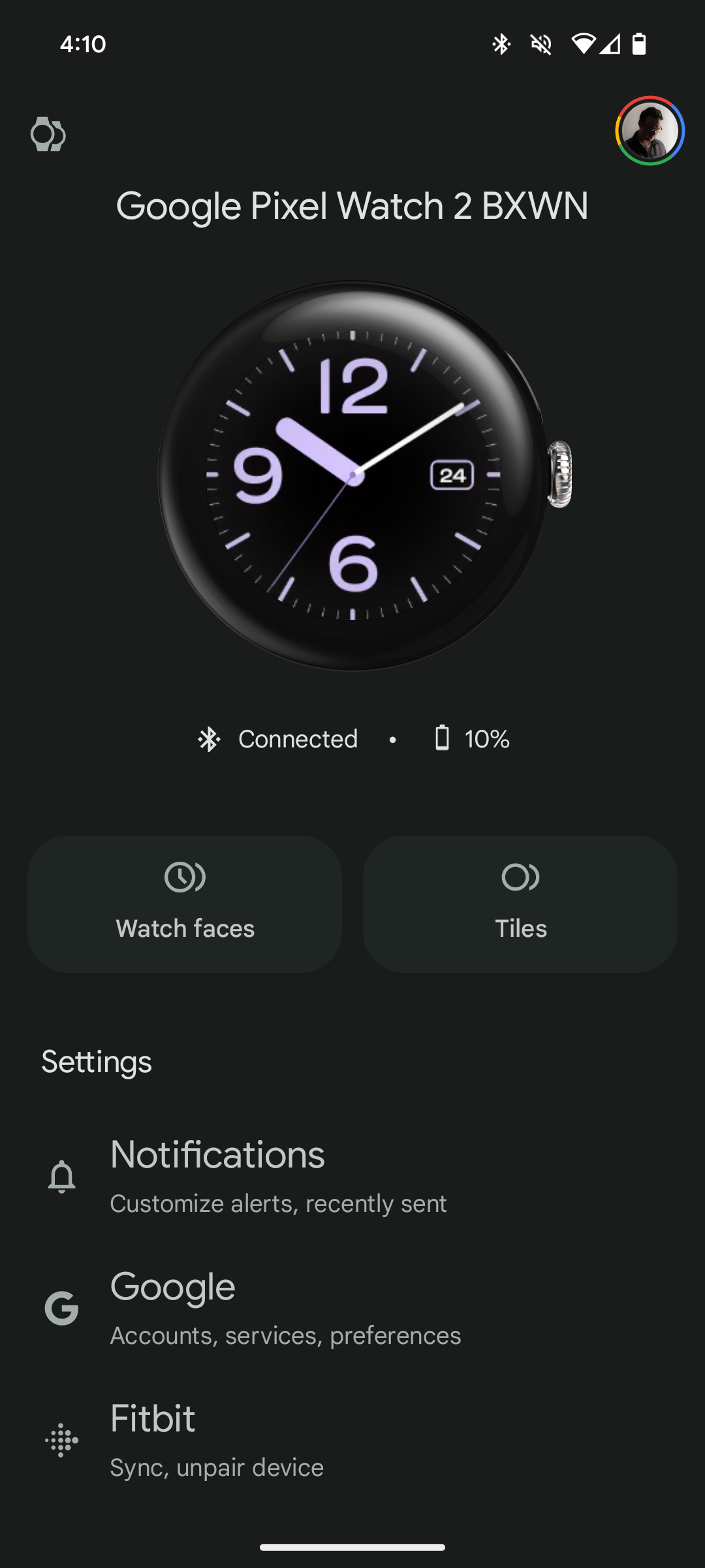 O aplicativo Configurações do Google Pixel Watch.