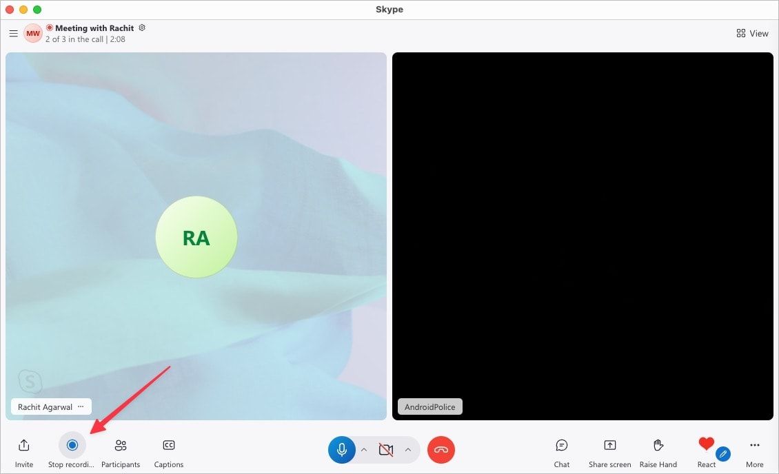 Captura de tela da janela de chamada do Skype mostrando o botão Parar gravação