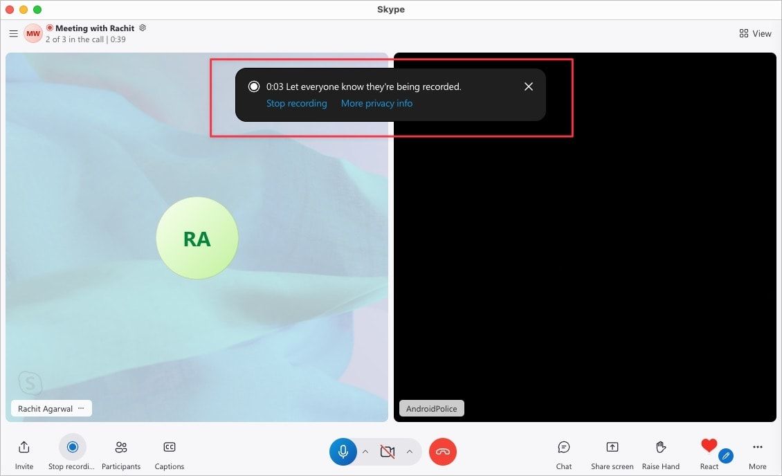 Captura de tela da janela de chamada do Skype mostrando sobreposição de gravação