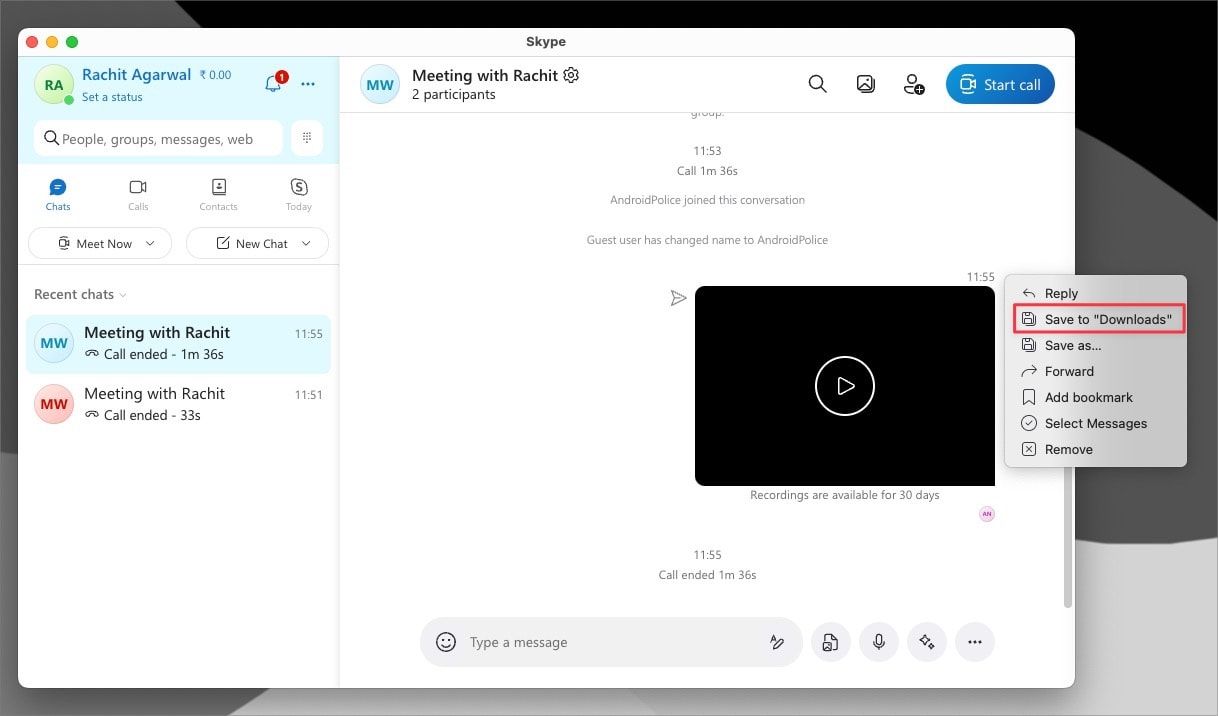 Menu do botão direito do Skype mostrando a opção Salvar em downloads