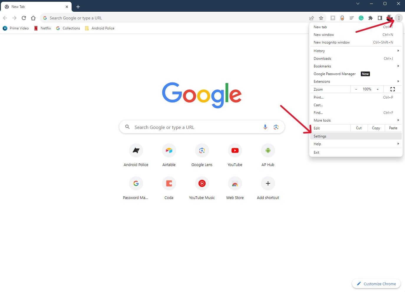 Google Chrome com uma seta vermelha apontando para os três pontos e outra seta vermelha apontando para Configurações em um menu suspenso.