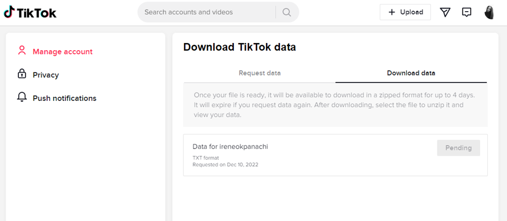 Baixe a página de dados do TikTok no Google Chrome