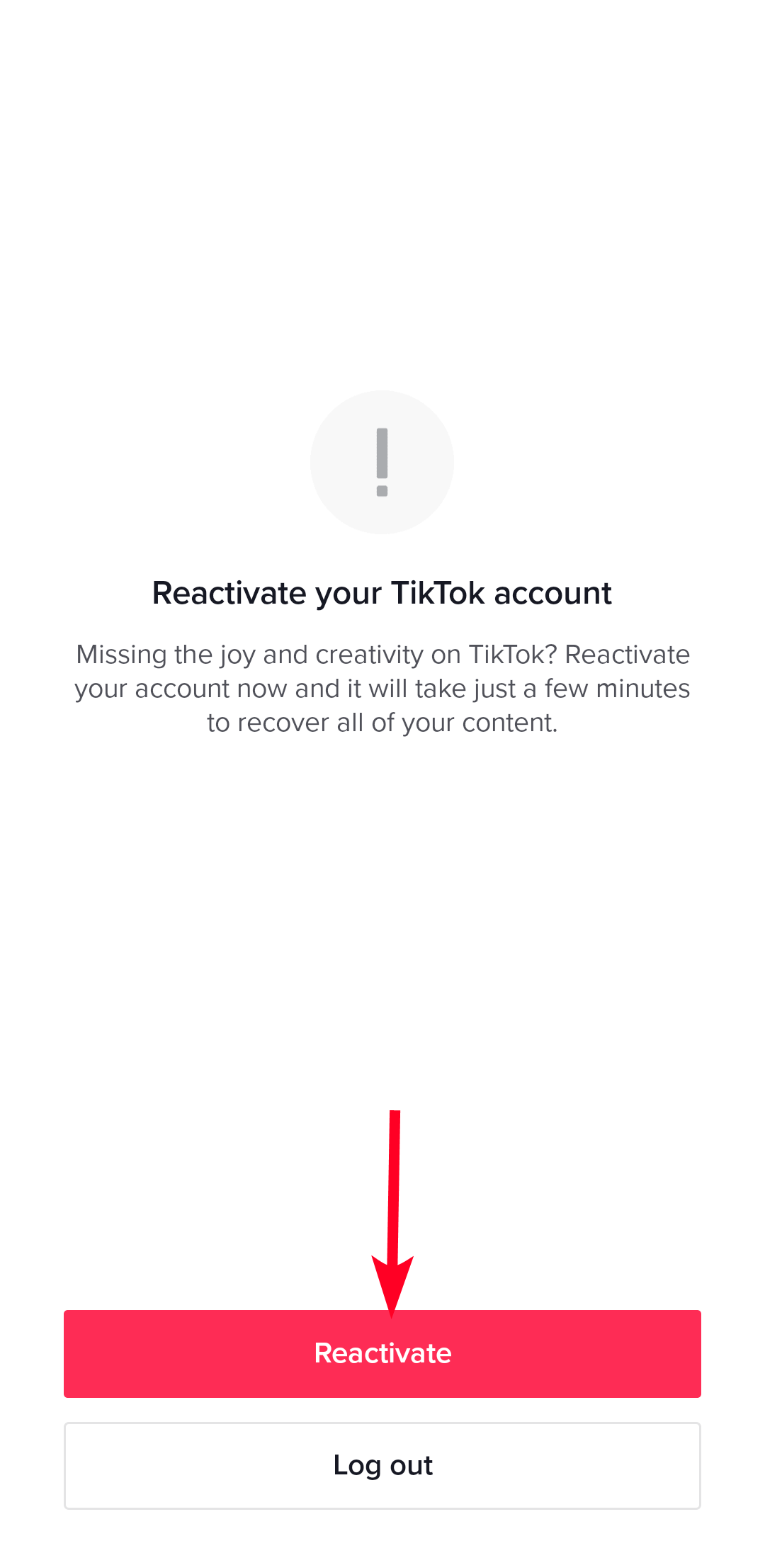 Opção de reativar sua conta TikTok