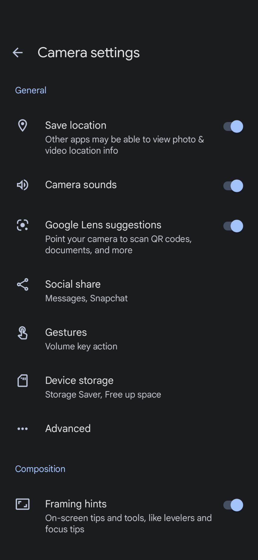 O menu Mais configurações do aplicativo da câmera do Google.
