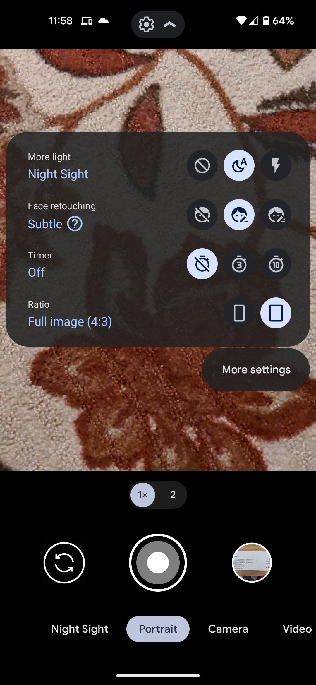 O menu de configurações do modo retrato do aplicativo da câmera do Google.