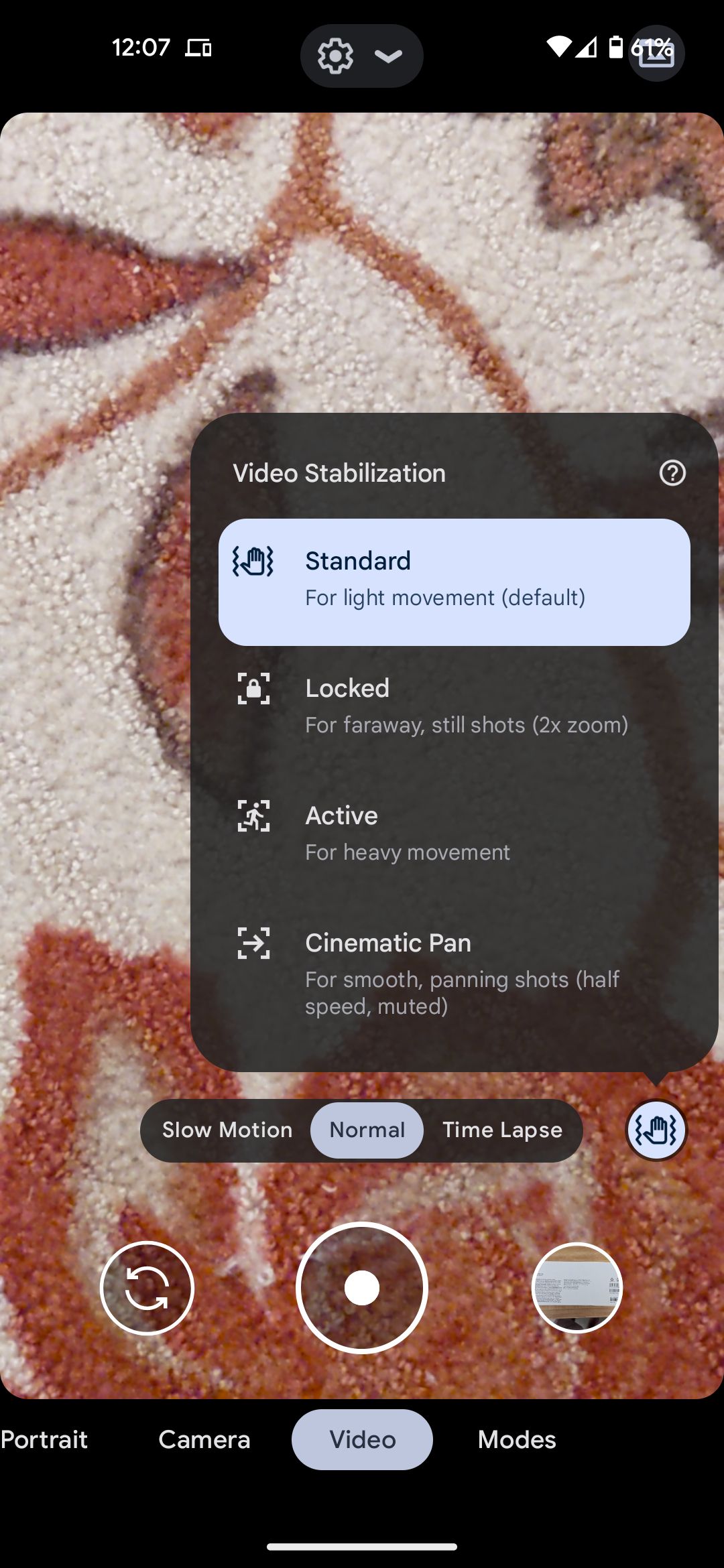 Menu de configurações de estabilização do modo de vídeo do aplicativo da câmera do Google.