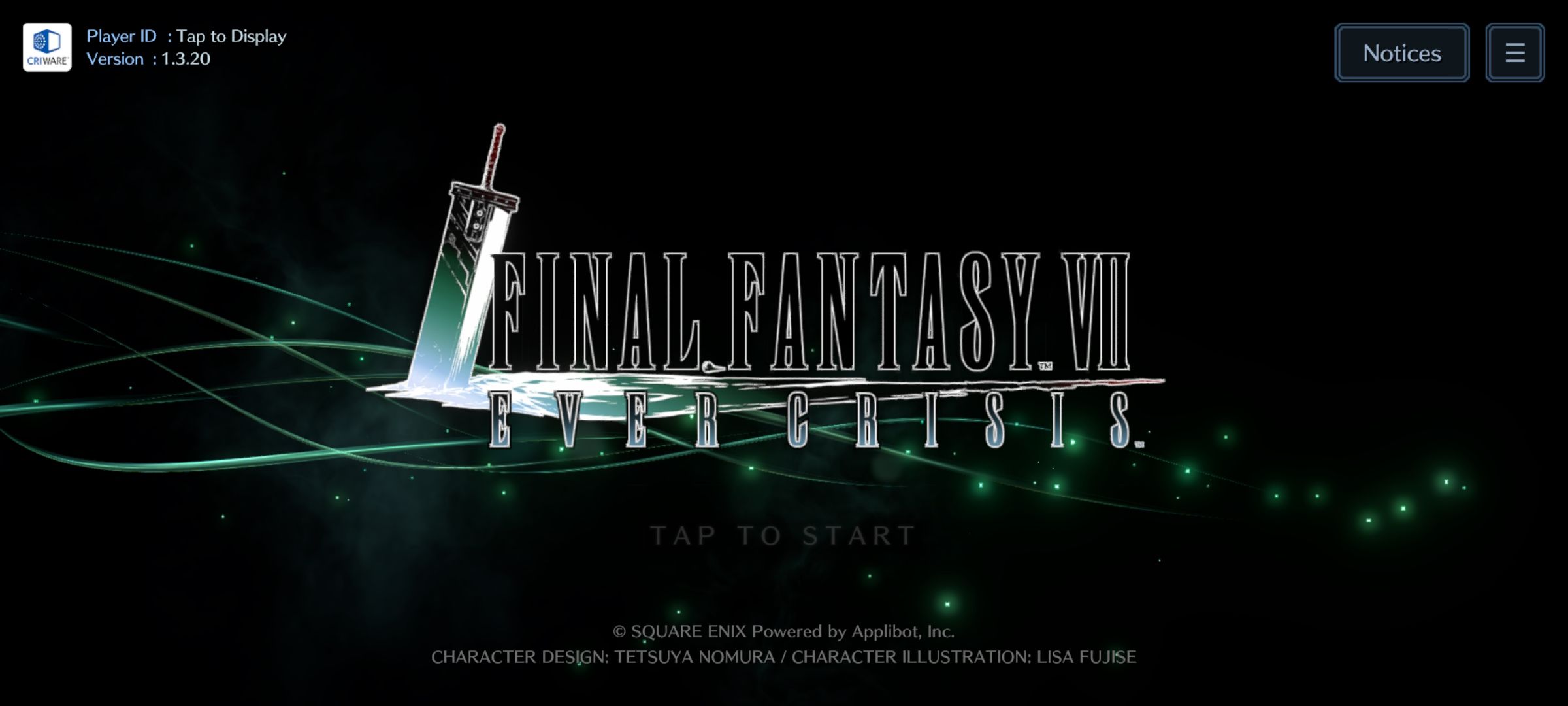Tela de inicialização do aplicativo Final Fantasy Ever Crisis