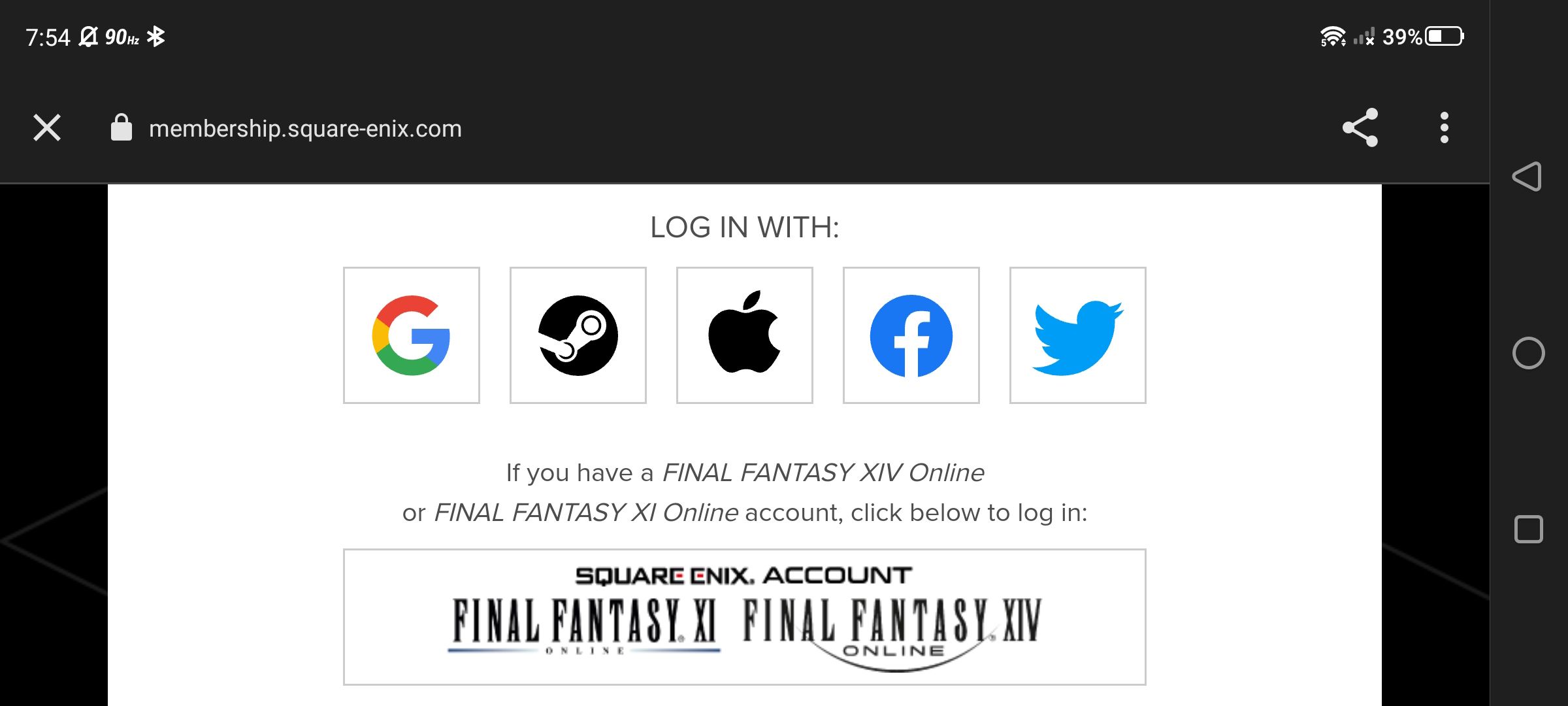 página da web exibindo o método de login com contas do Google, Steam, Apple, Facebook, X e Square Enix para contas Final Fantasy XIV Online e Final Fantasy Xi Online