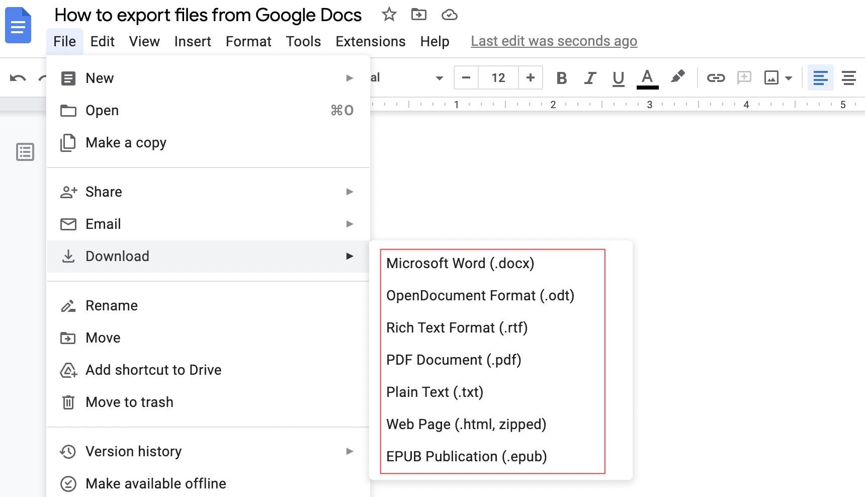Escolha um formato de arquivo para o arquivo exportado no Google Docs no desktop