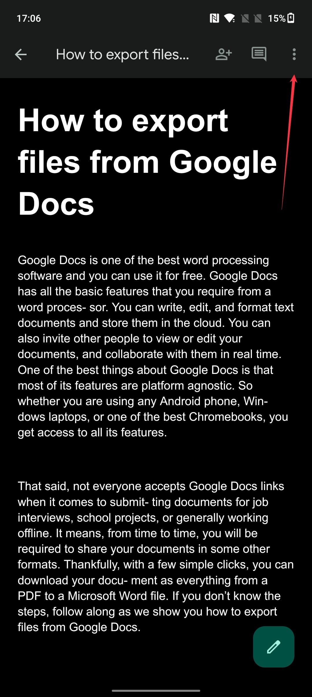 Selecione o menu de três pontos para exportar arquivos do Google Docs no Android