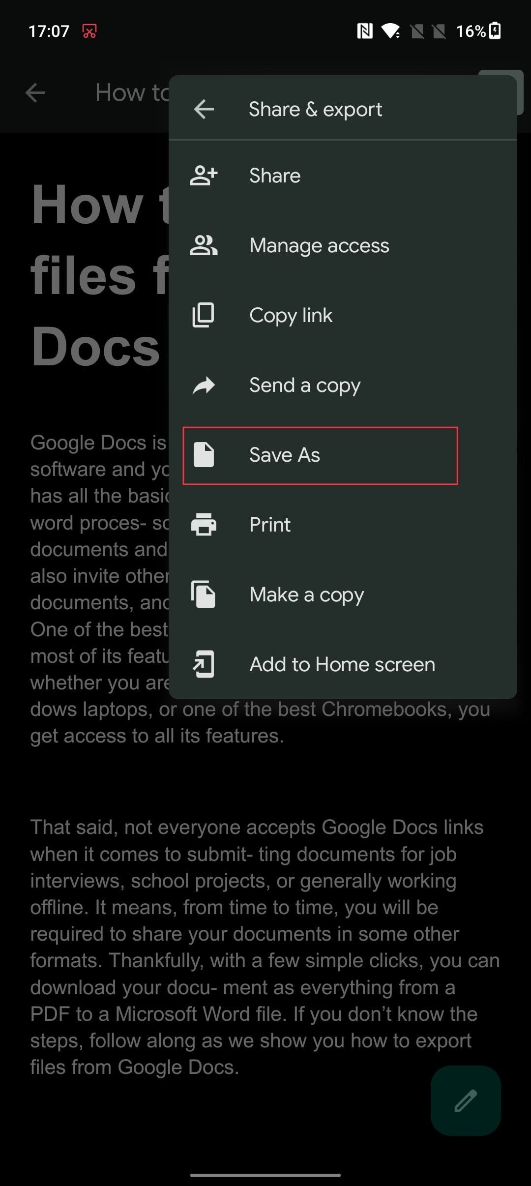 Toque em Salvar como para escolher um formato de arquivo para o arquivo exportado do Google Docs no Android