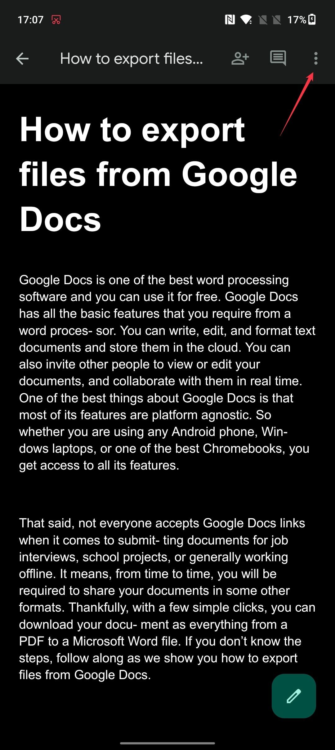 Toque no ícone de três pontos para configurar um documento para uso off-line no Google Docs