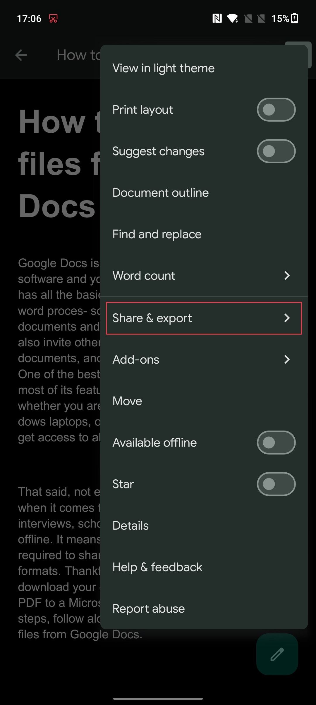 Selecione Compartilhar e exportar para exportar arquivos do Google Docs no Android