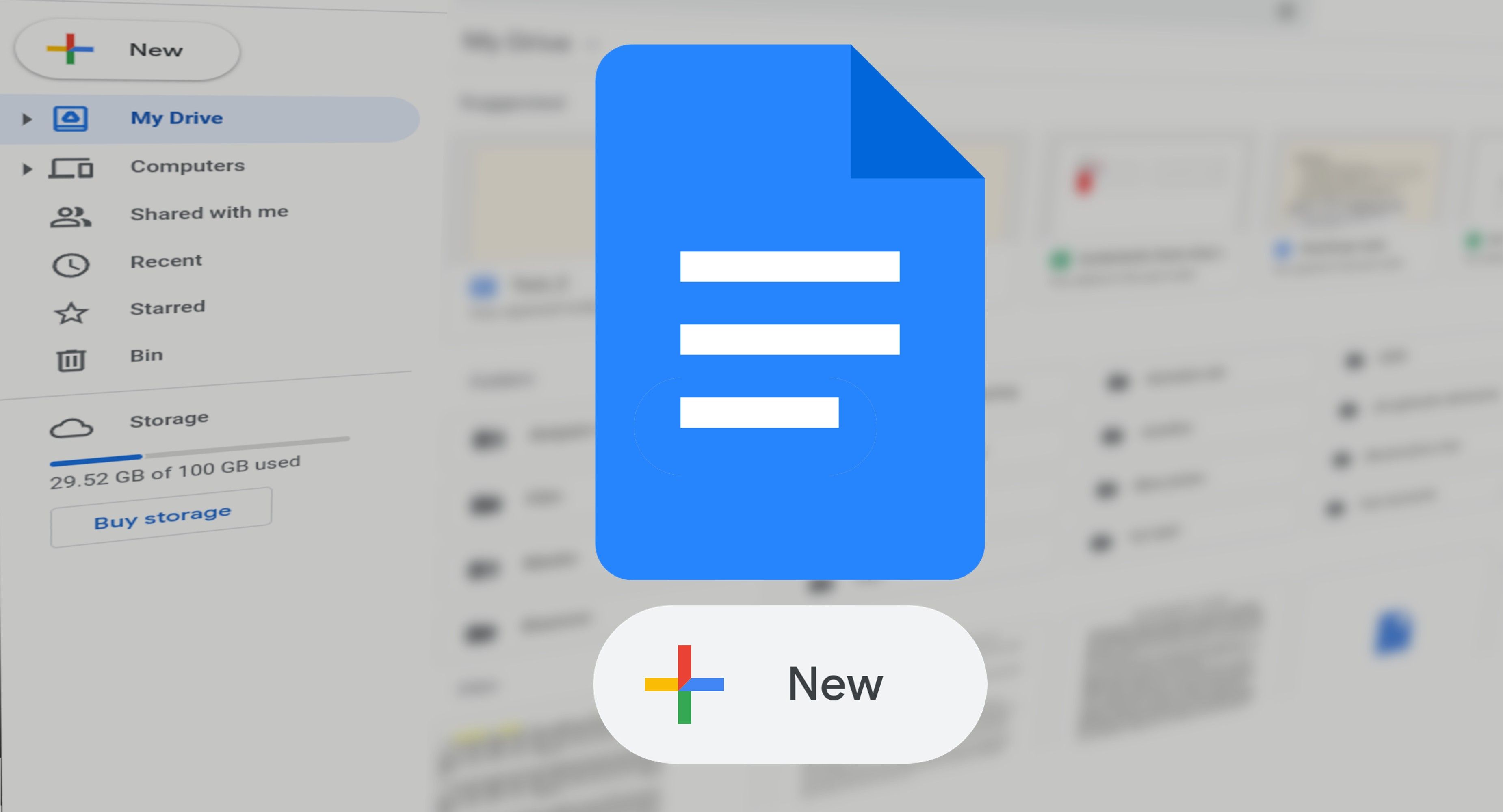 o logotipo do Google Docs e um novo botão em primeiro plano com uma interface distorcida do Google Drive em segundo plano