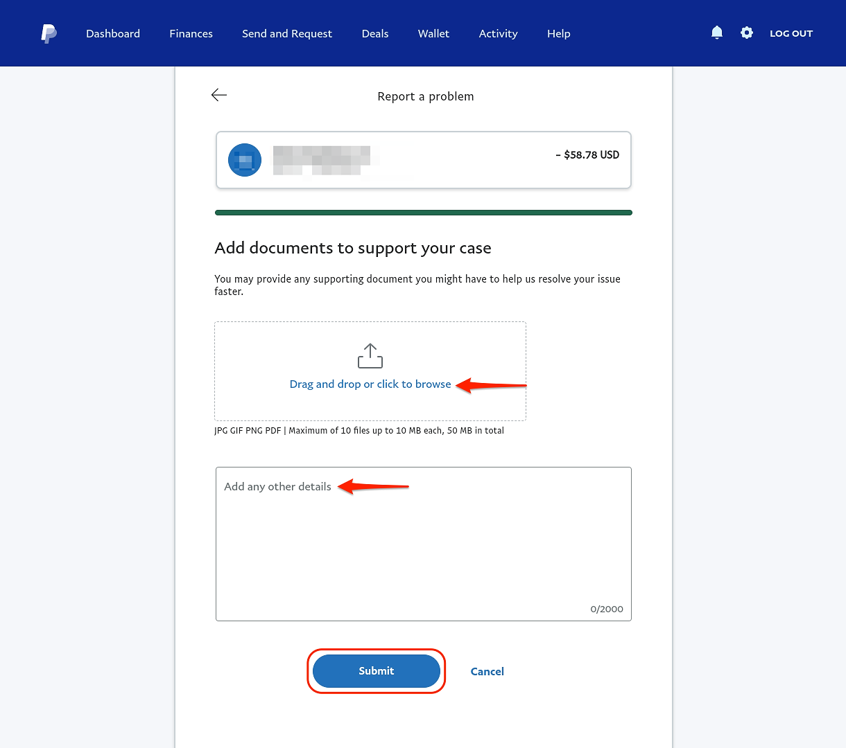 Adicionando arquivos e informações de suporte para um reembolso do PayPal