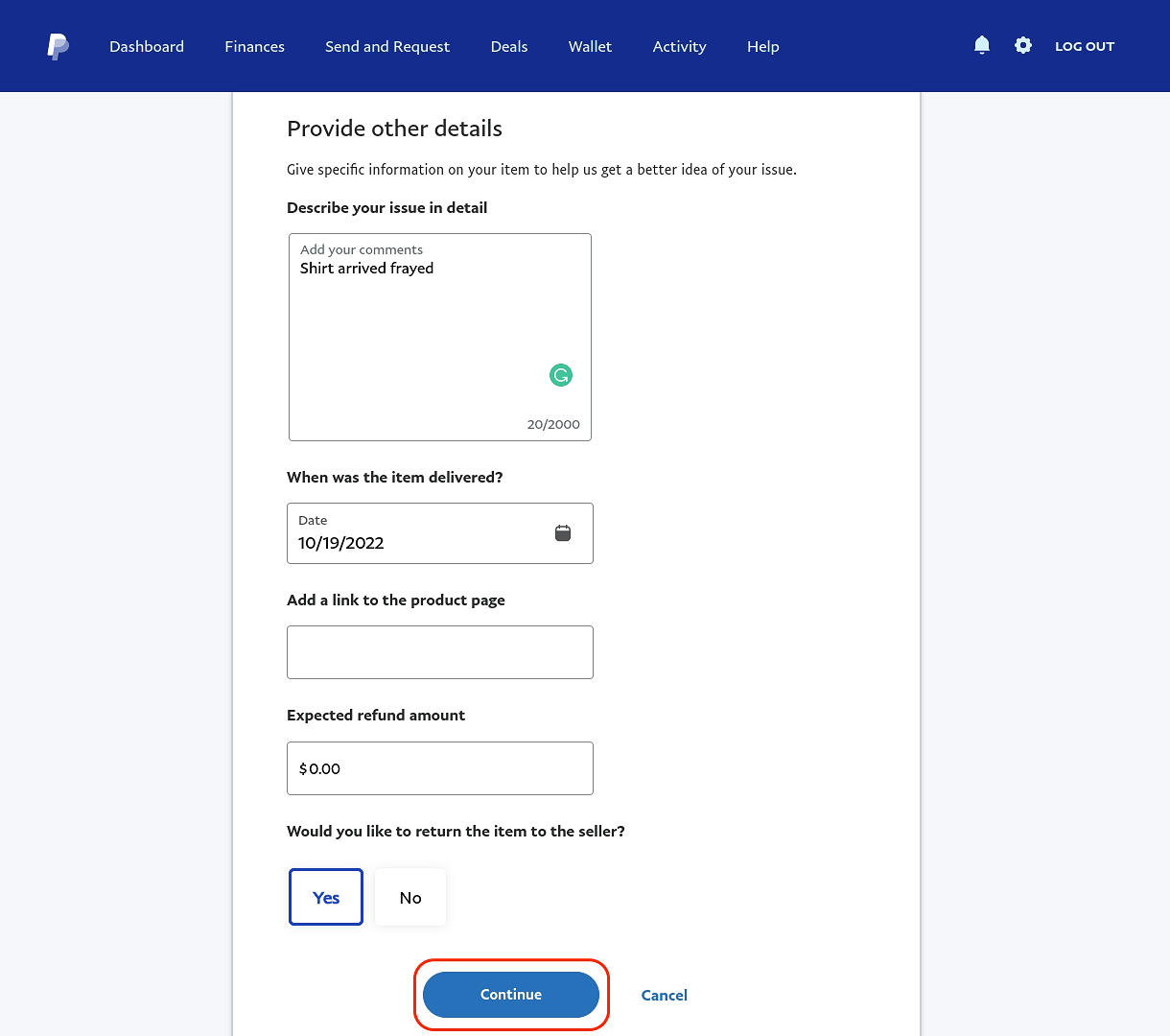 Formulário de solicitação de reembolso do PayPal