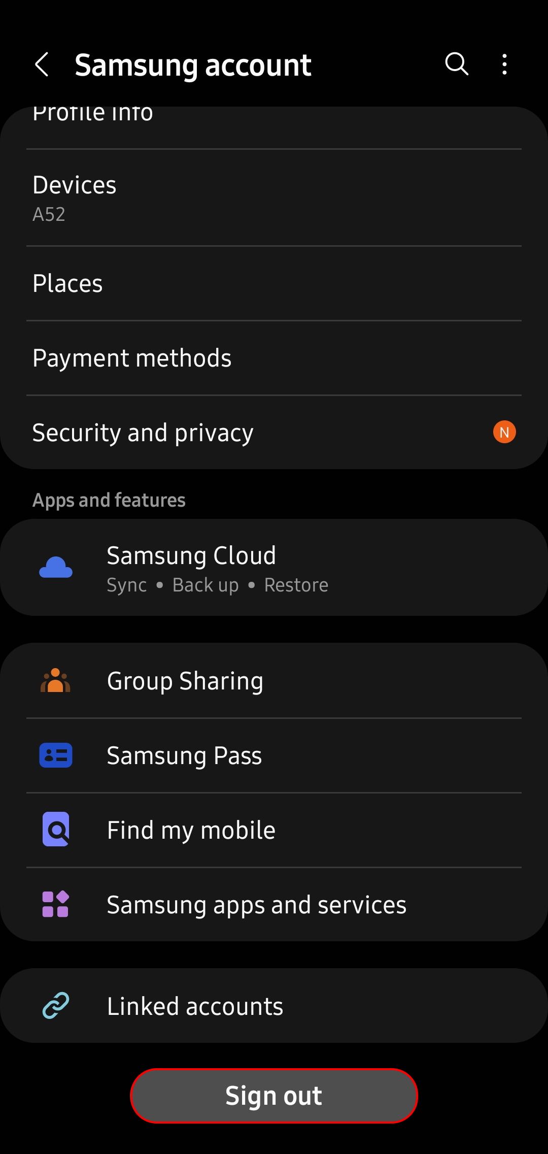menu de configurações da conta Samsung com a opção de sair destacada