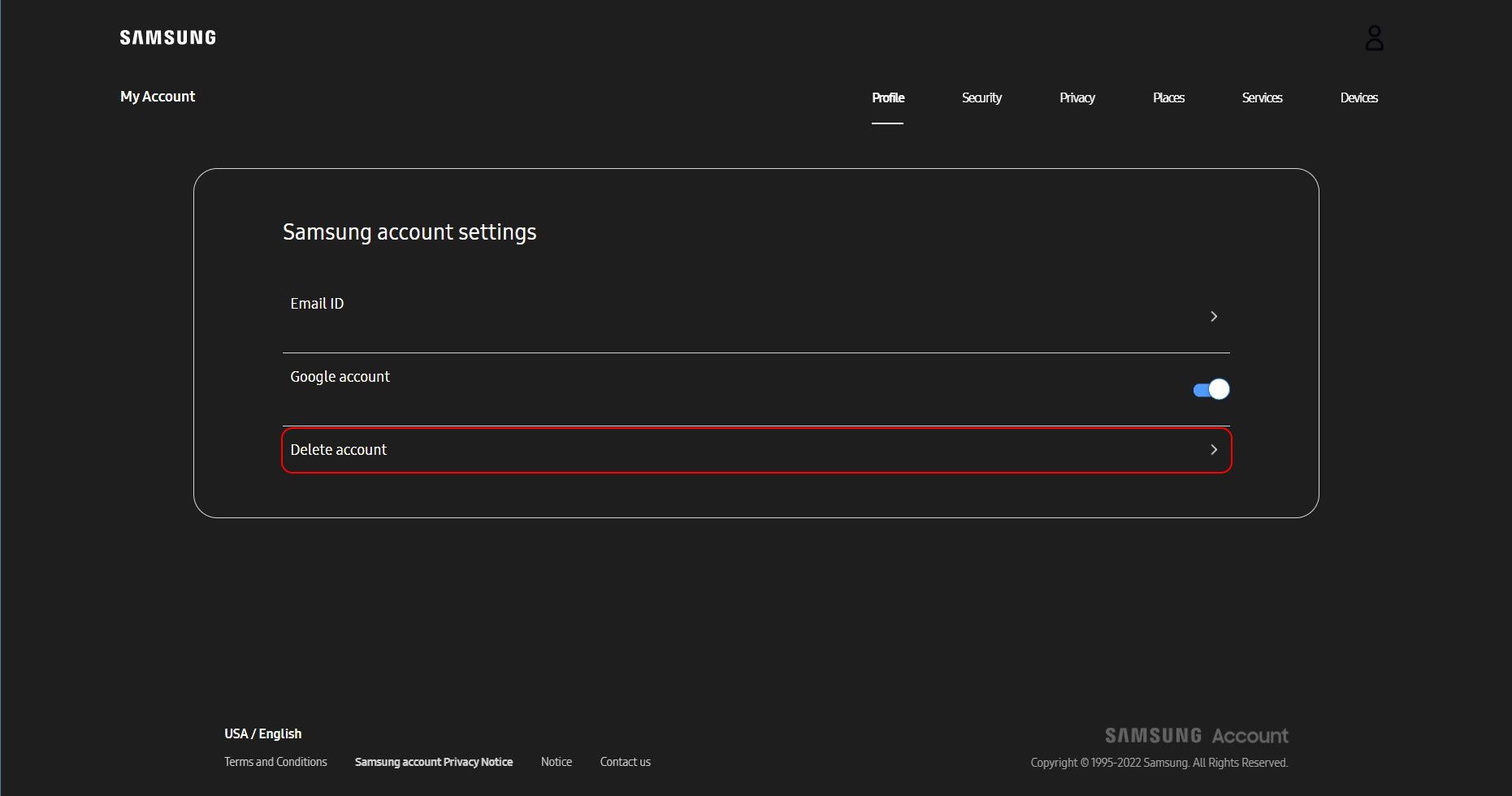 página de configurações da conta Samsung com o botão excluir conta destacado