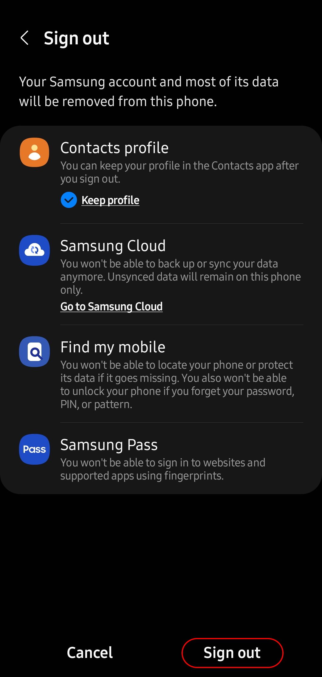 página de confirmação de logout da conta Samsung com o botão de logout destacado
