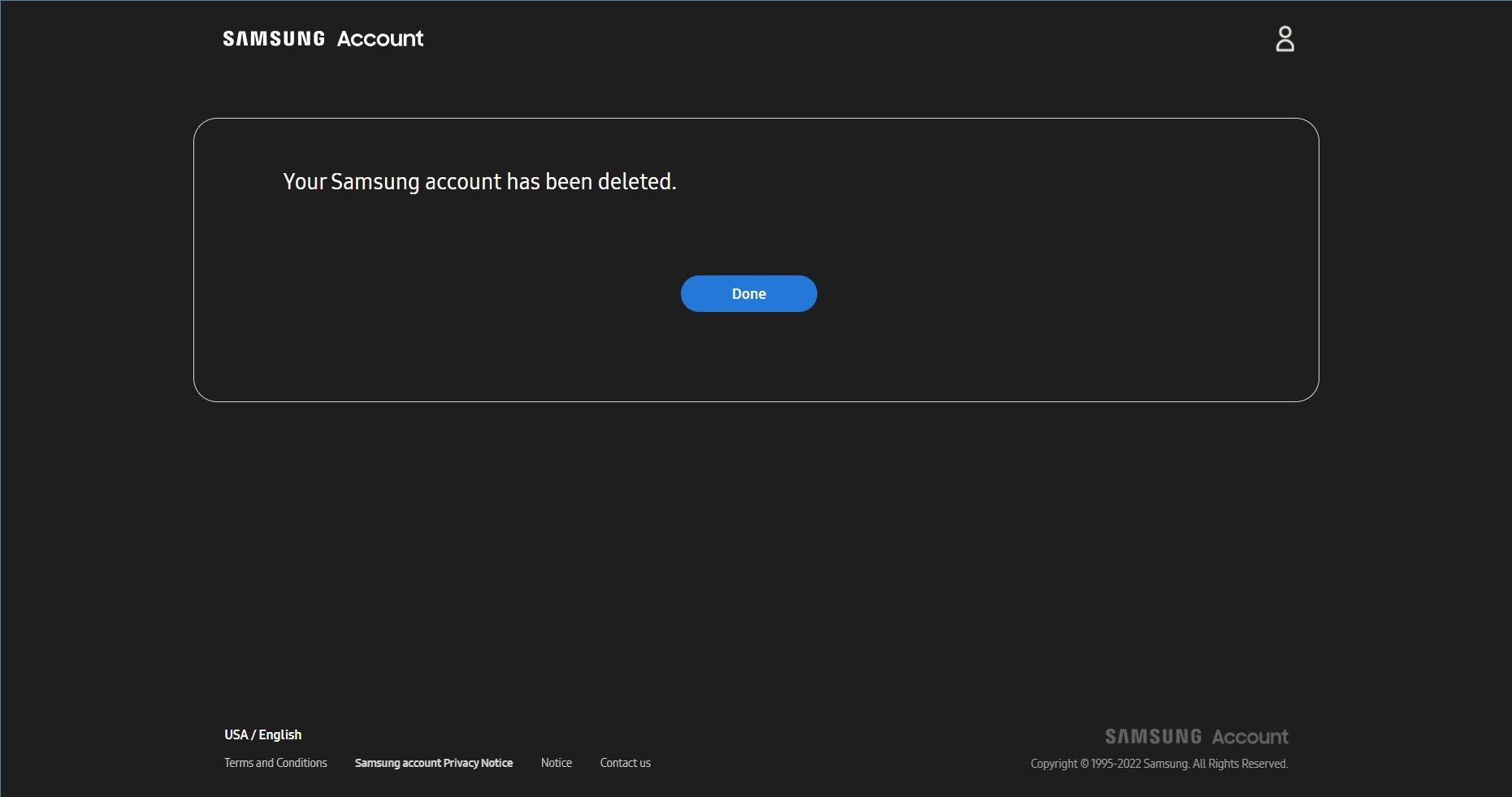 página de conclusão de exclusão de conta Samsung