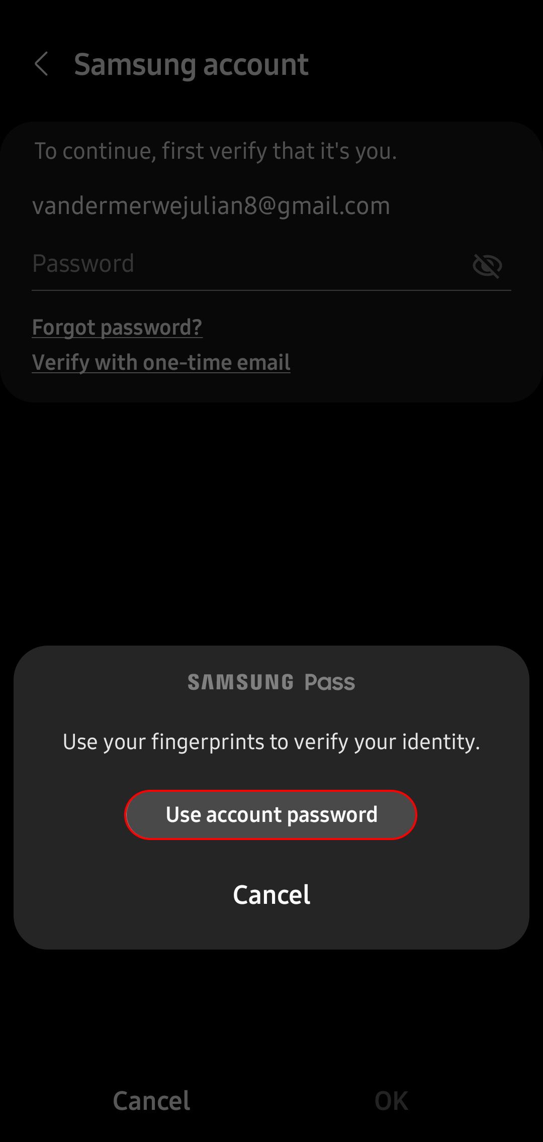 remover a página de autenticação da conta Samsung com o botão usar senha da conta ativado