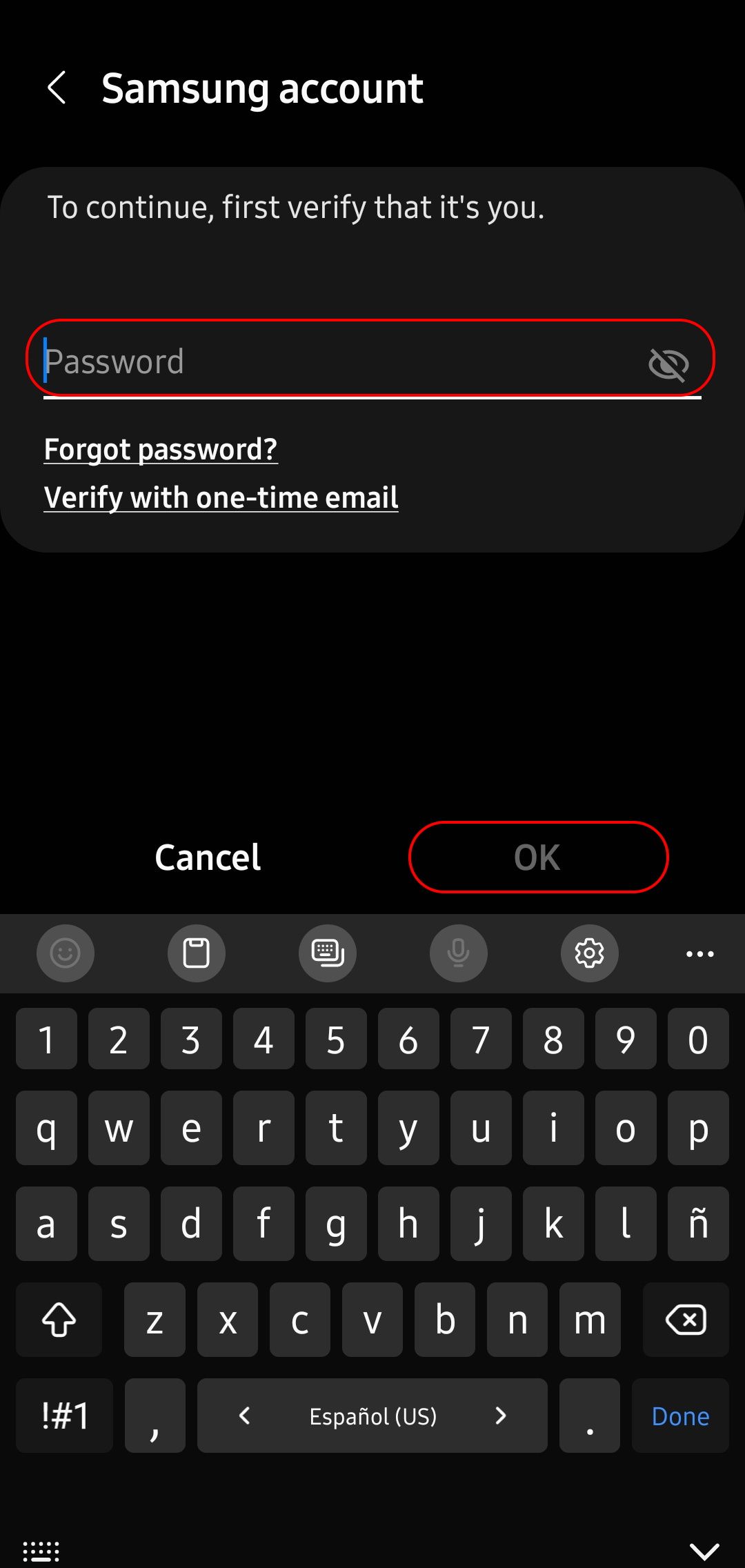 remova a página de autenticação da conta Samsung com o campo de senha e o botão OK destacado