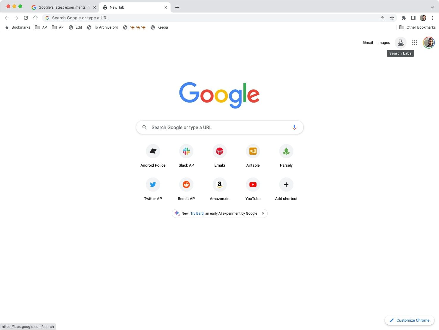 captura de tela da página de nova guia do navegador Google Chrome com ícone de laboratórios destacado