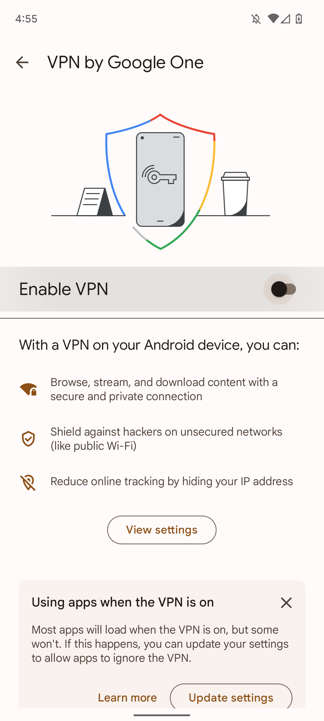 tela VPN do aplicativo Google One