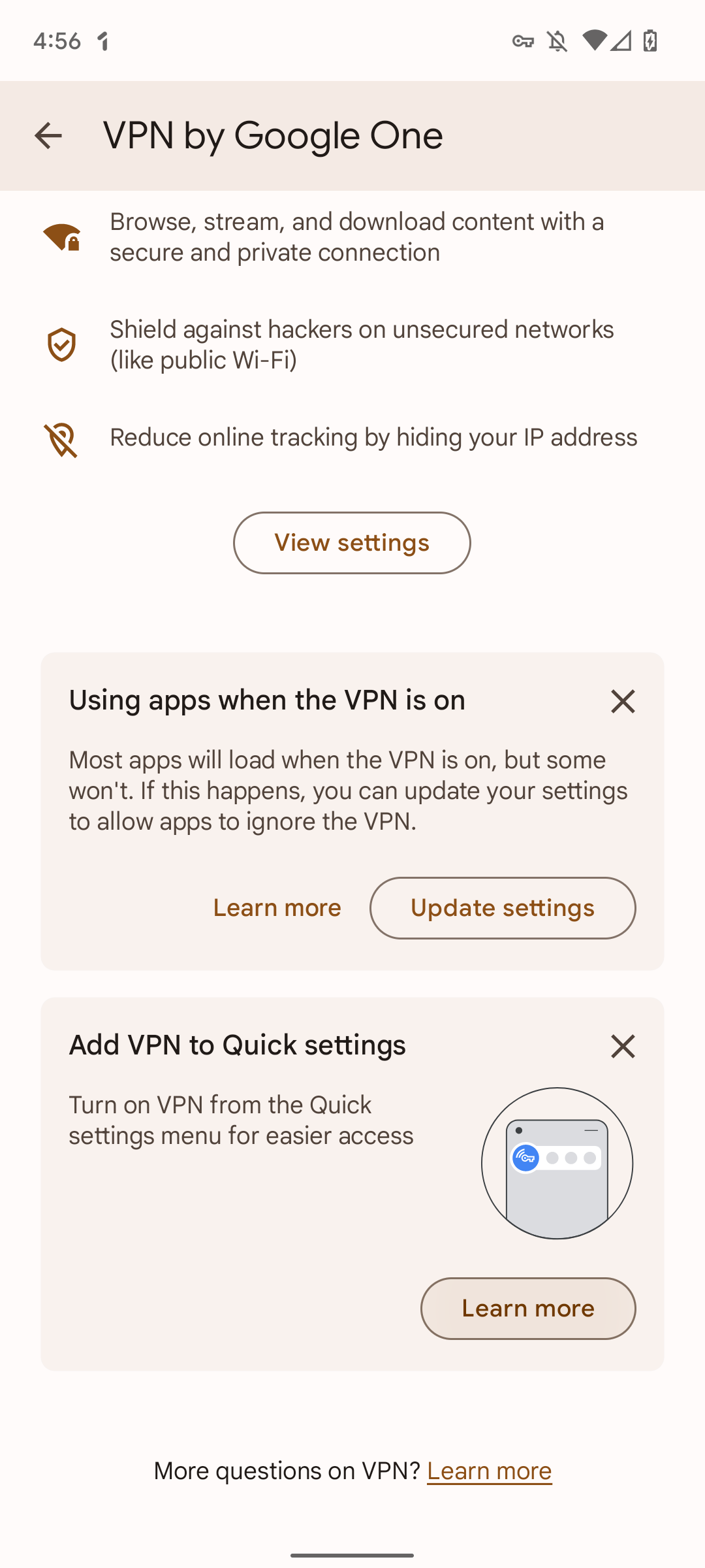 tela de configurações de VPN do Google One App