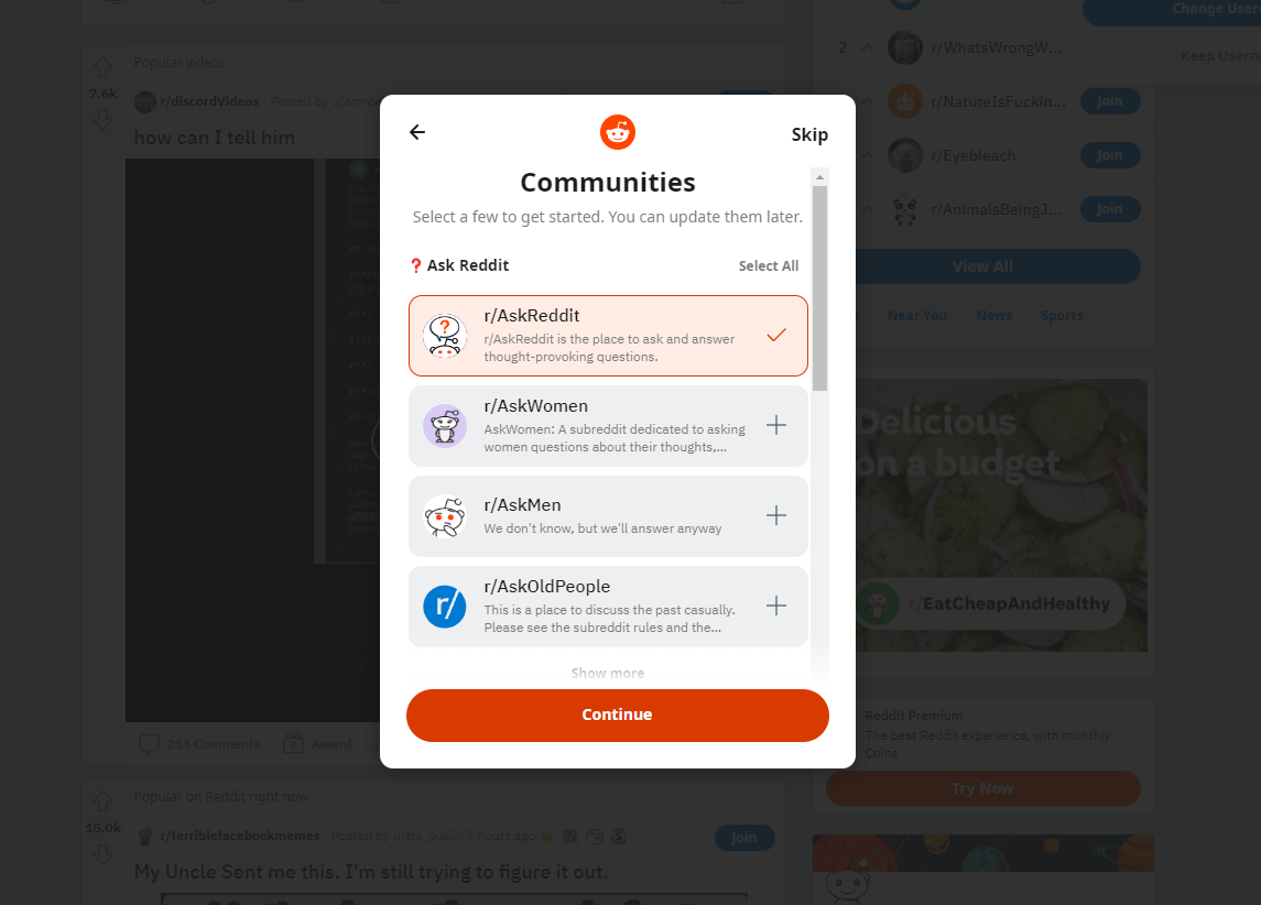 Comunidades Reddit sugeridas para novas contas