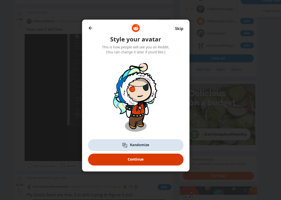 O prompt Style Your Avatar em uma nova conta do Reddit