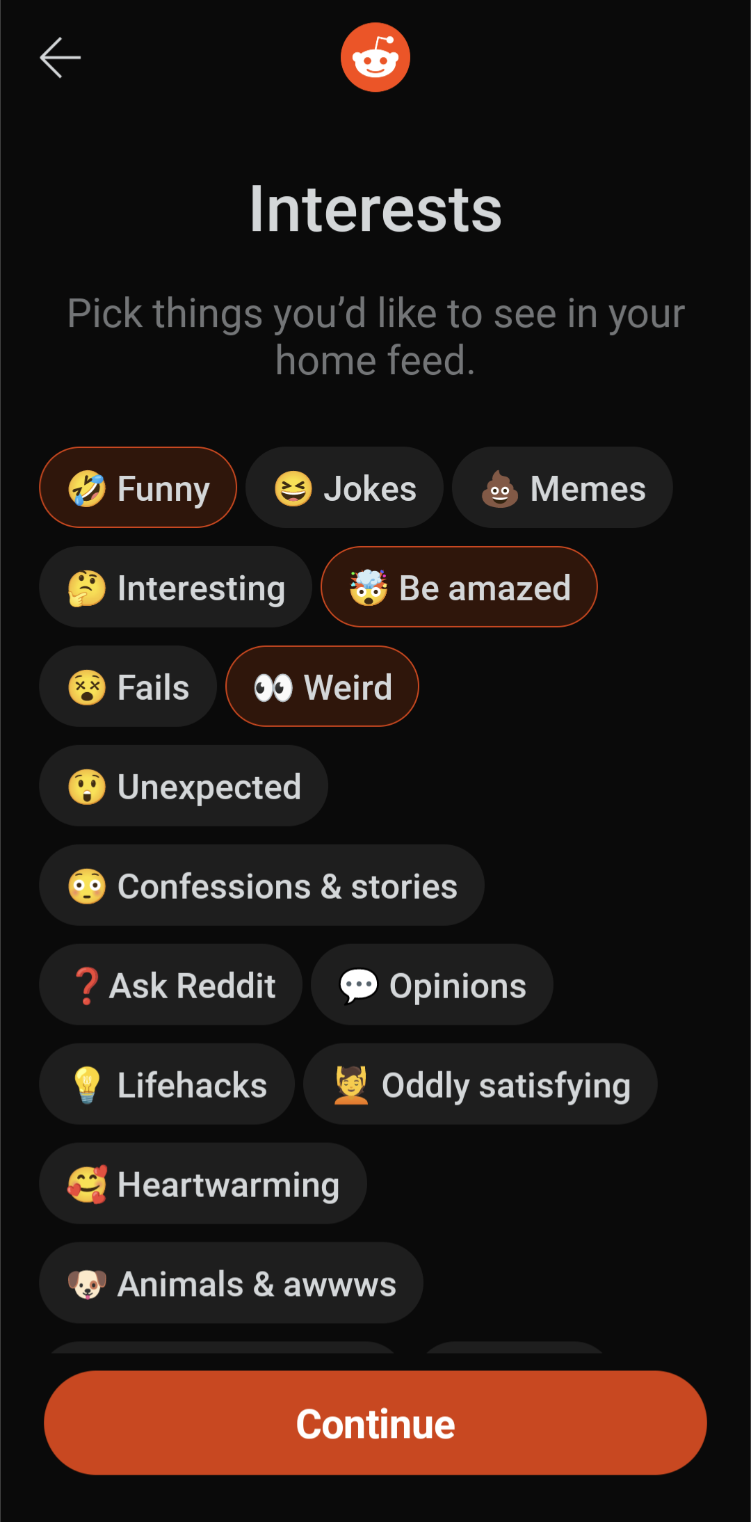 A tela de interesses no aplicativo Reddit para Android