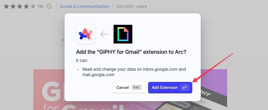 Captura de tela pop-up da extensão Giphy para Gmail