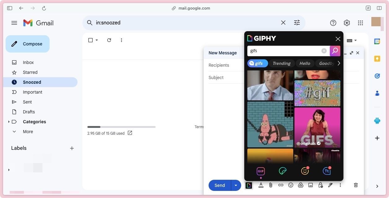 Interface de extensão GIPHY do Gmail
