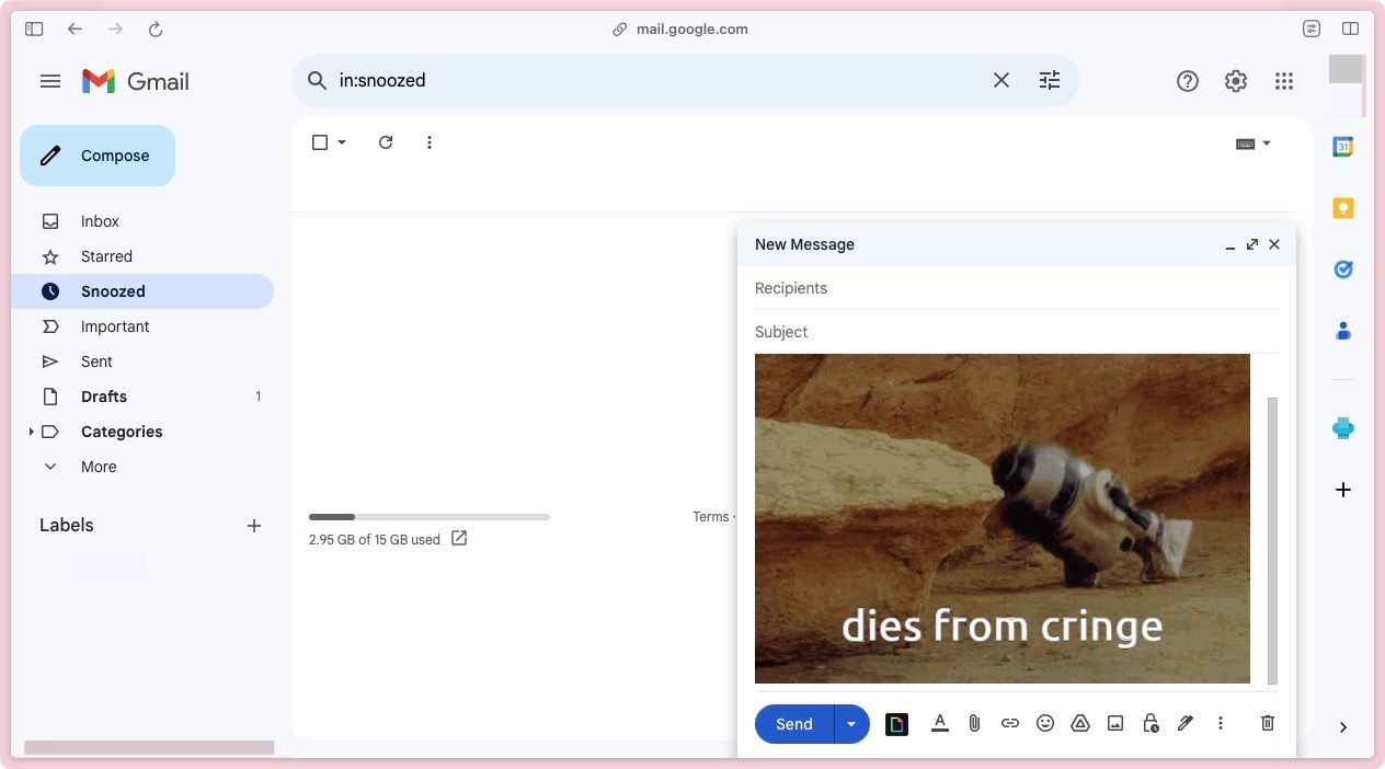 GIF inserido na janela de composição do Gmail