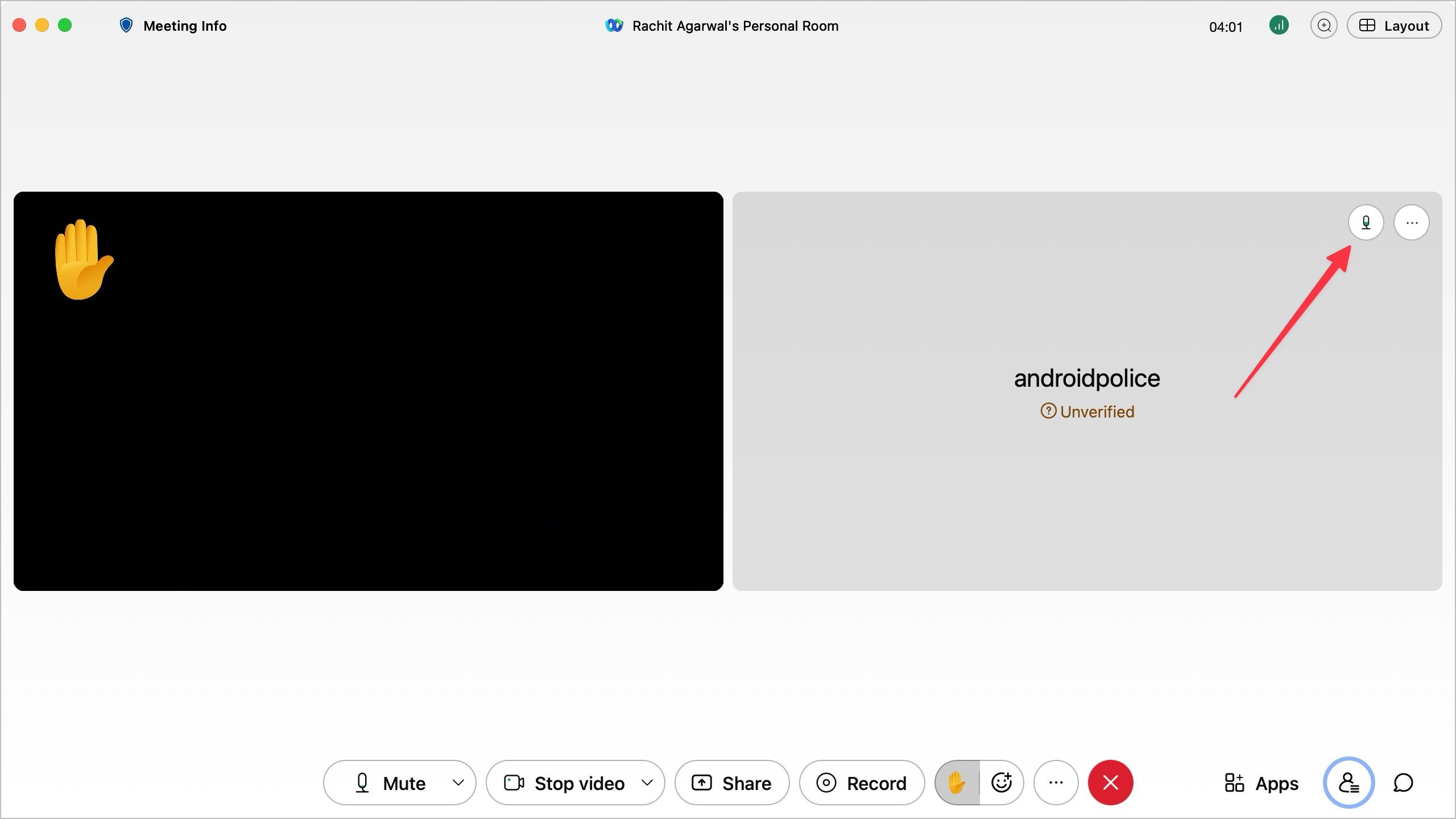 Captura de tela da janela de videochamada Webex mostrando os participantes
