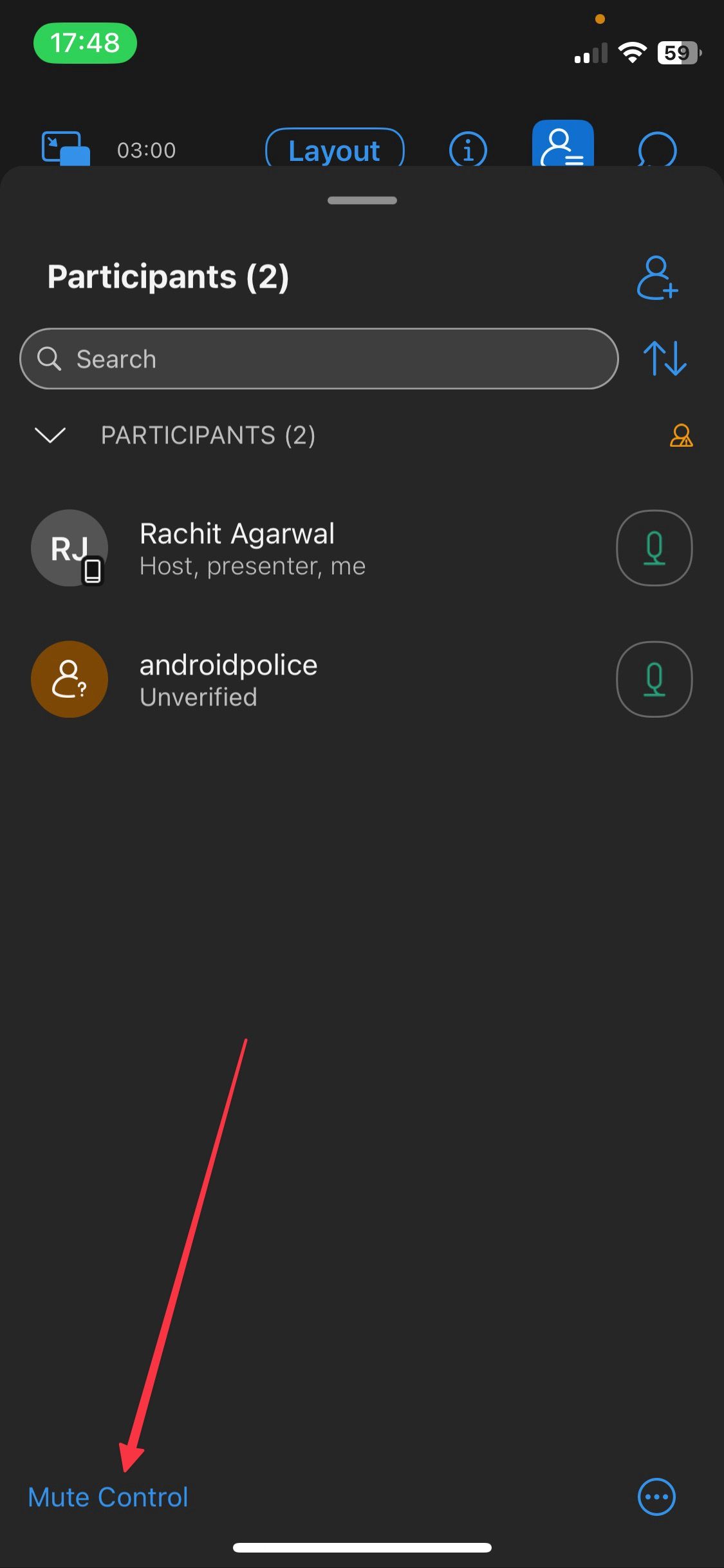 Tela do painel de participantes do aplicativo móvel Webex mostrando o botão silenciar tudo