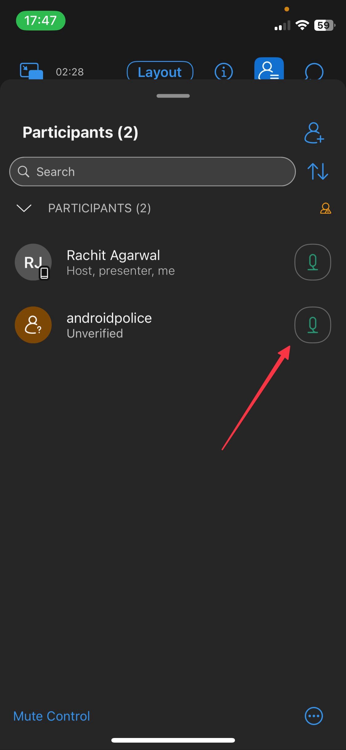 Captura de tela da janela do painel de participantes do aplicativo móvel Webex mostrando o botão do microfone