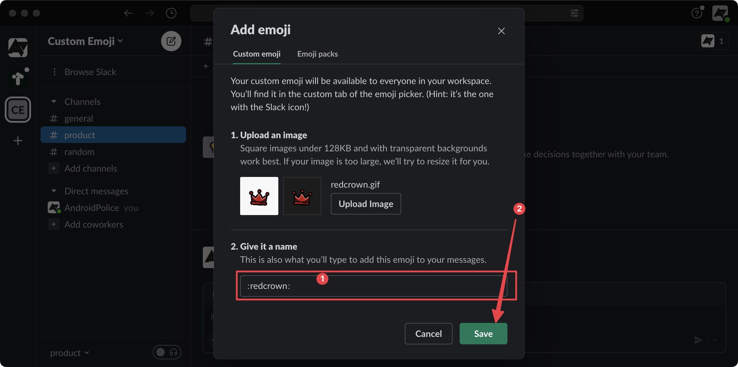 Uma janela pop-up para adicionar um emoji, com informações sobre emojis personalizados.  Uma seta aponta para a caixa de texto preenchida com o nome ‘redcrown’, indicando o nome do novo emoji personalizado.