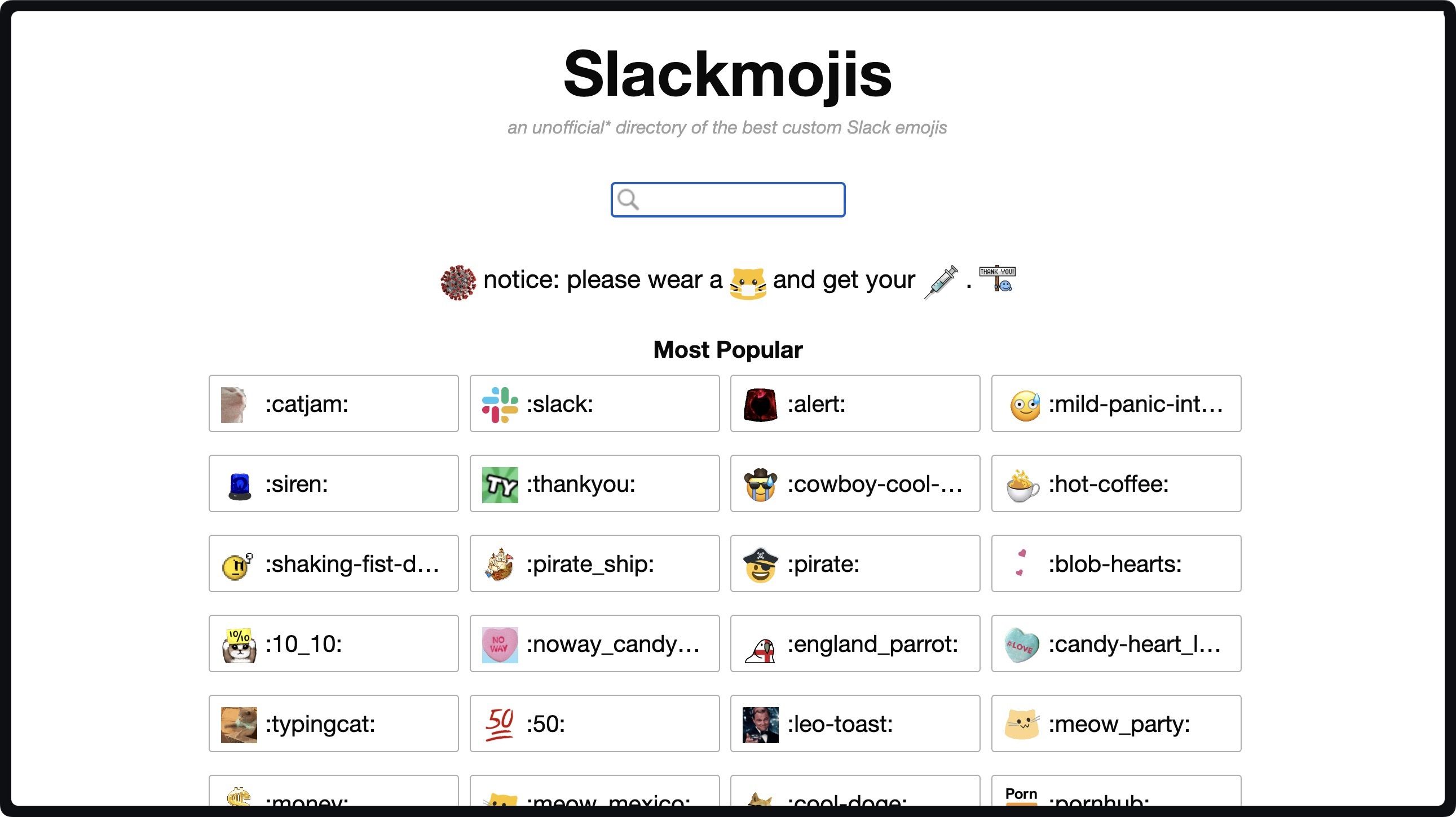 Captura de tela da página inicial do Slackmojis