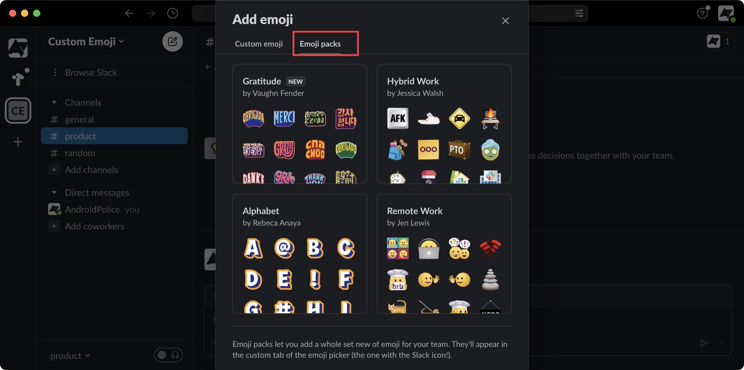 Uma captura de tela da janela ‘Adicionar Emoji’ do Slack, com a guia do pacote de emoji destacada em vermelho para enfatizar sua importância ou seleção.