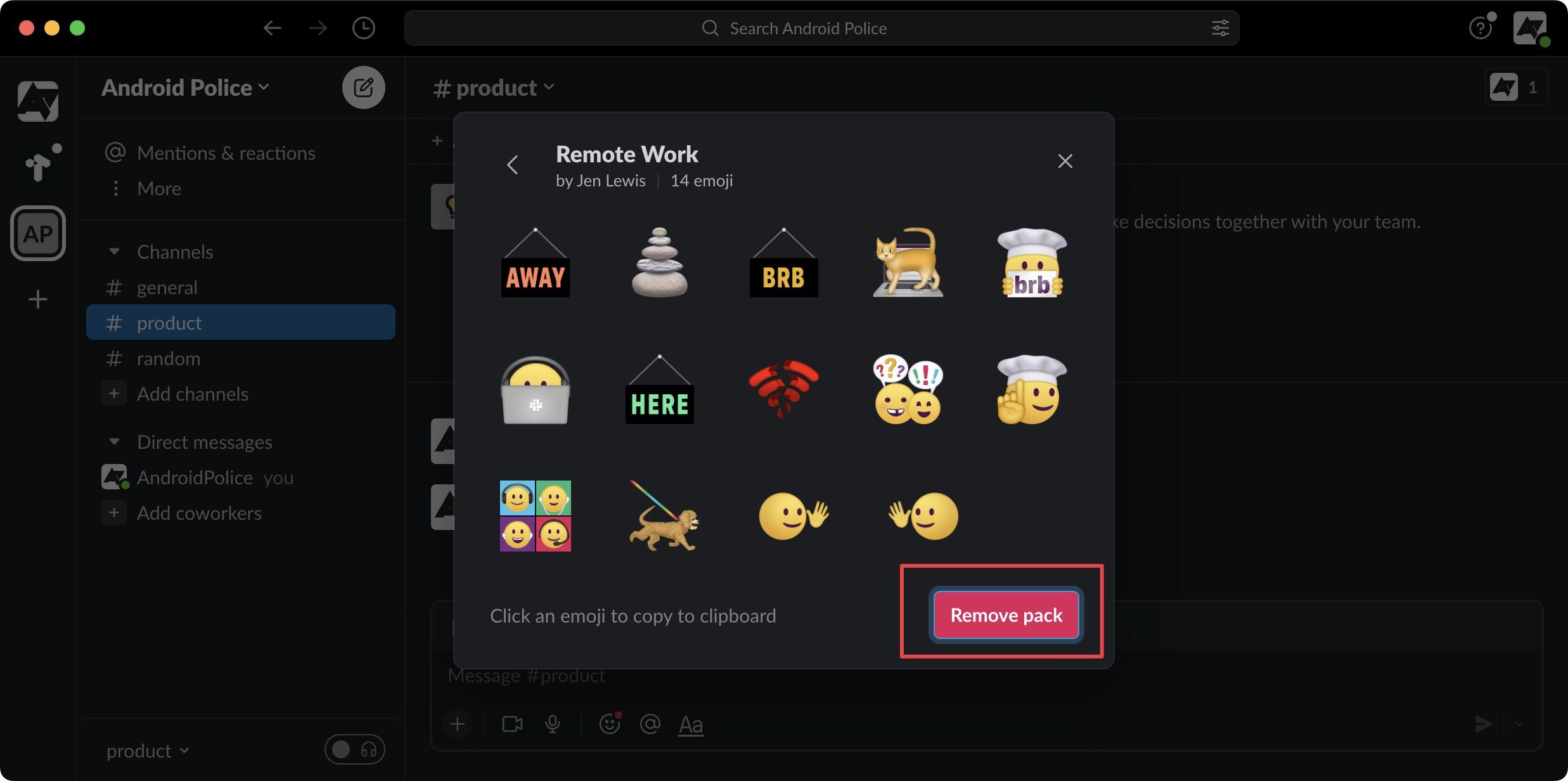   janela pop-up exibindo emojis personalizados, com a opção ‘Remover pacote’ destacada em vermelho.