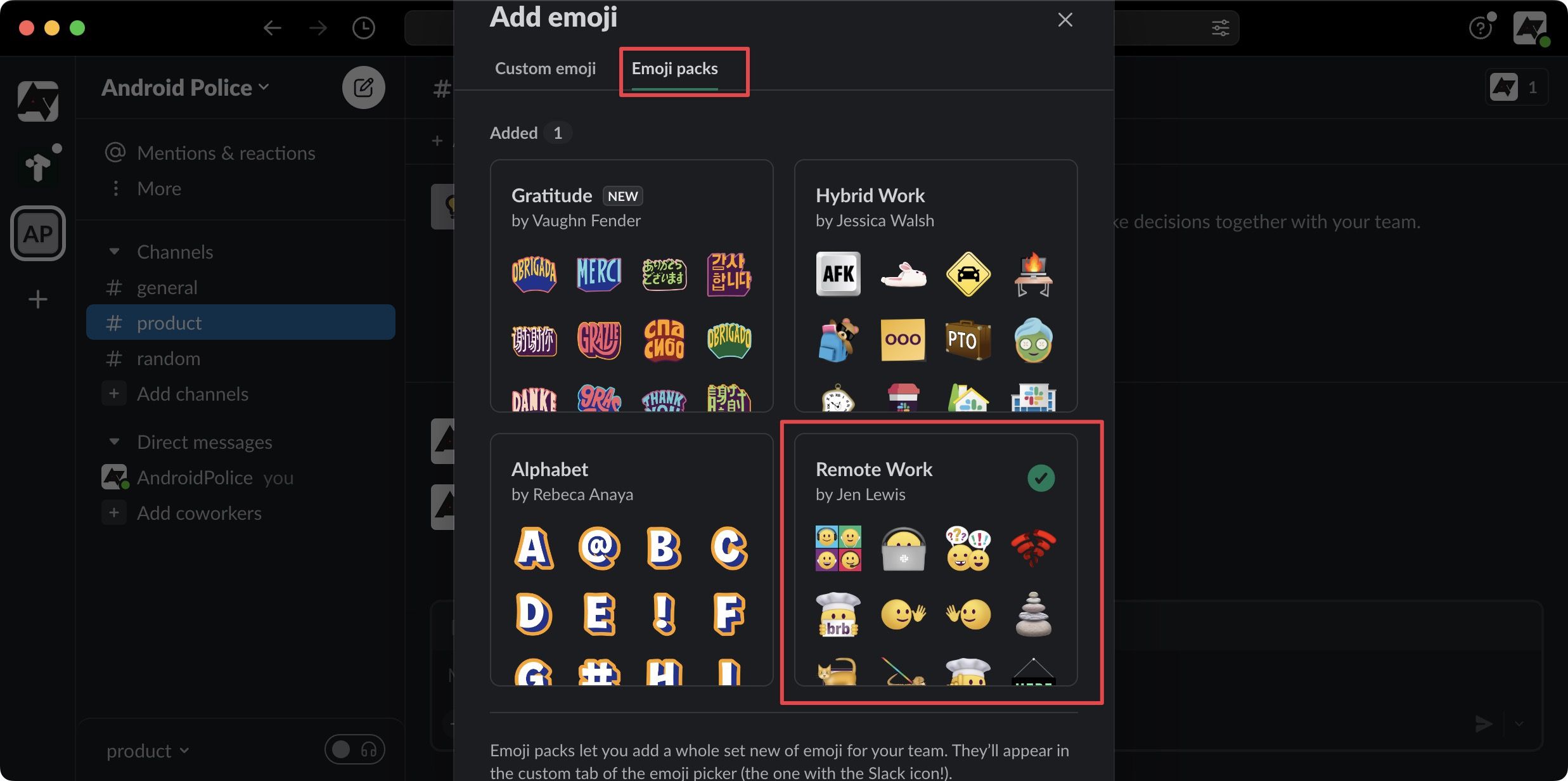 Uma imagem mostrando pacotes de emojis no Slack, com os pacotes destacados em vermelho para ênfase ou seleção.