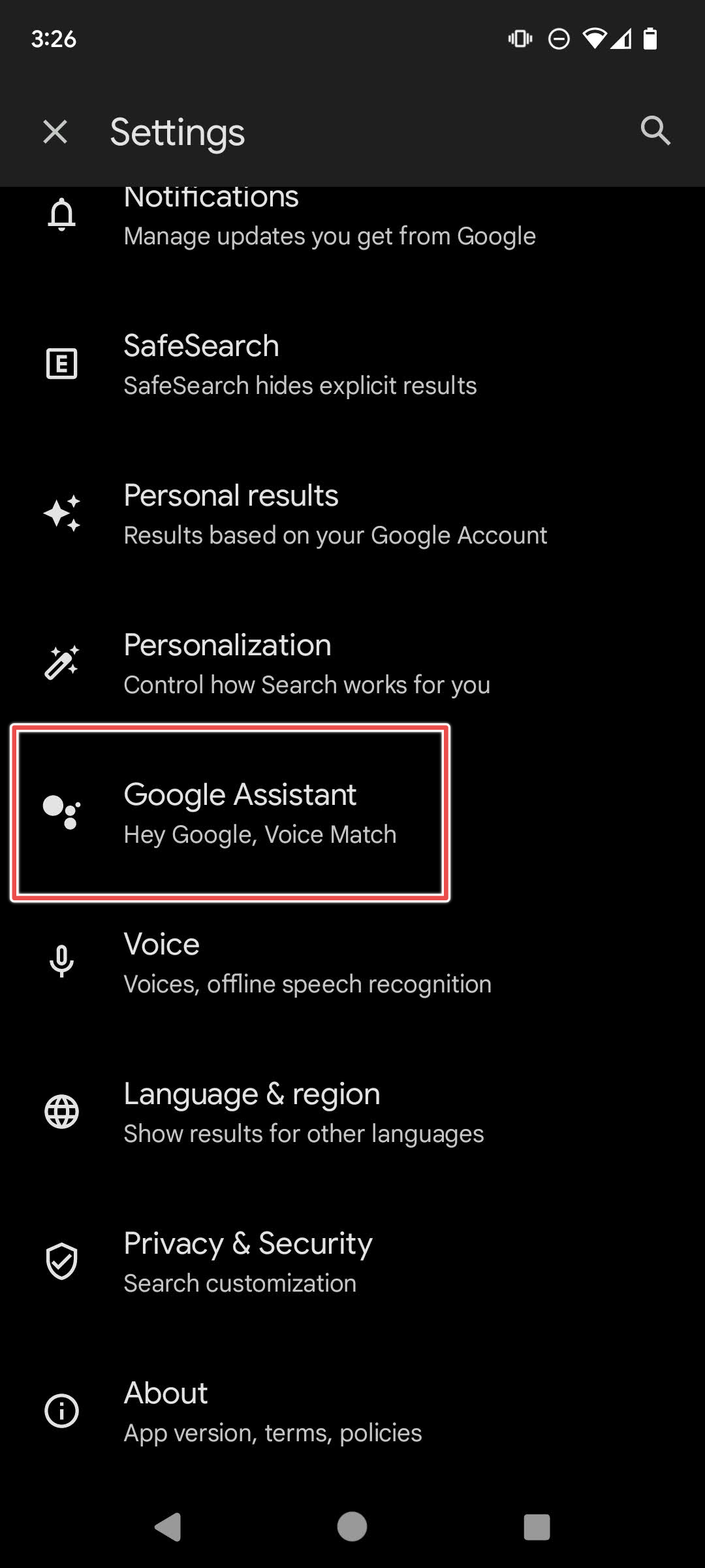 Google Assistente destacado nas configurações de voz do assistente de pesquisa no Android