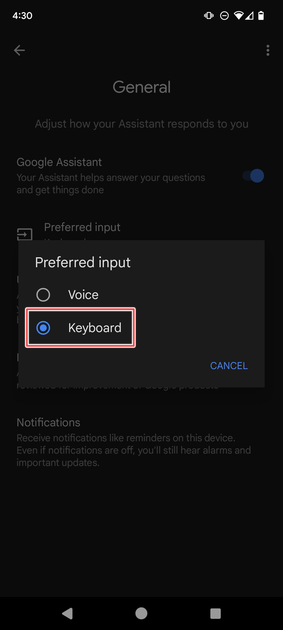 Entrada preferencial do teclado destacada nas configurações do Google Assistente no Android