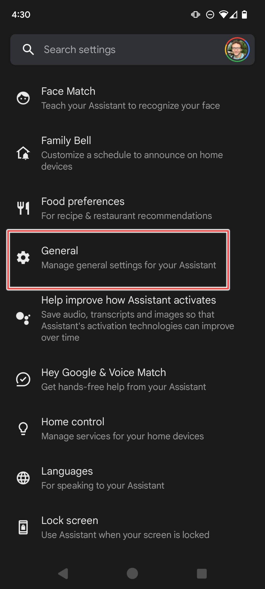 O item de menu geral destacado nas configurações do Google Assistente para Android